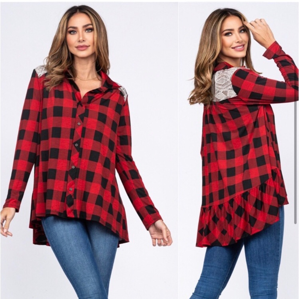 Buffalo plaid women’s high low button front sequin detail back label top